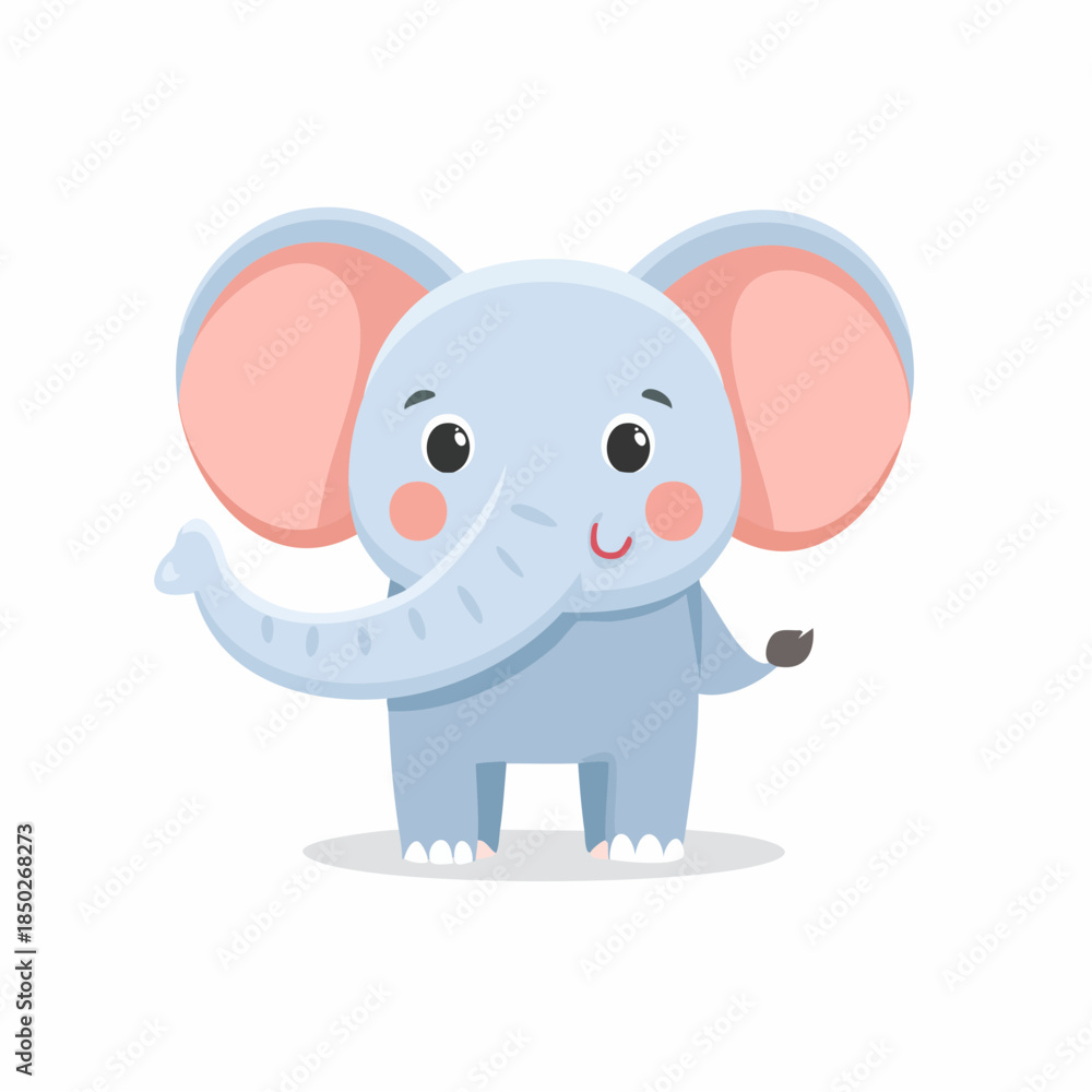 Fototapeta premium Adorable blue cartoon elephant with large ears and trunk standing on white background