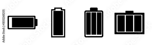 Illustration of four black and white batteries with varying designs and different shapes shown