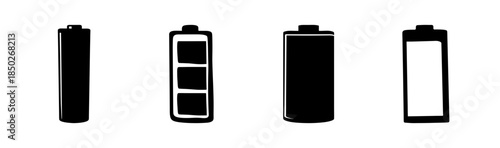 Illustration of four batteries with varying charge levels in black and white design format