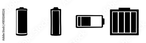 A graphic representation of four different battery types in black and white illustration style
