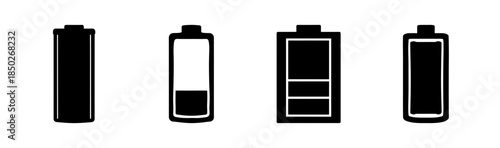 Four black and white battery icons showing different levels of charge on a white background