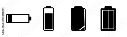 A set of four battery icons showing different charge levels in black and white illustration