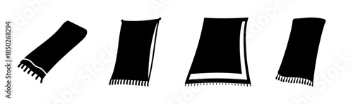 Four black scarves with fringes in varying positions on a white background illustration