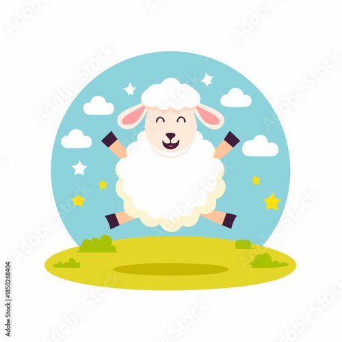 A cartoon sheep jumping in a sunny field surrounded by clouds and stars