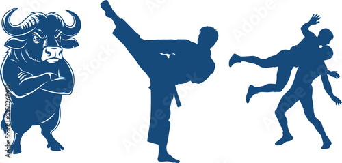 Silhouette of a charging bull and martial arts fighters on white background buffalo fighting