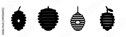 Four black silhouettes of bagworm moth larvae hanging down with varying shapes and textures
