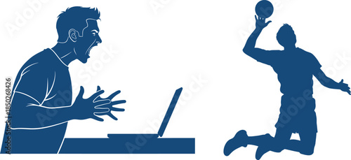 Silhouette of angry man at laptop and jumping handball player on white background frustrated