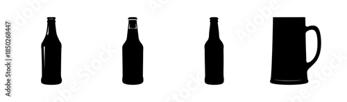 Silhouette illustration of three slender bottles and a mug arranged in a row on white