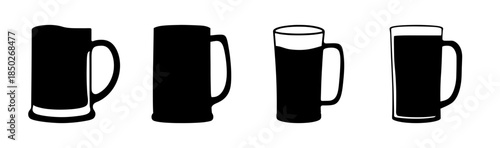 Four black beer steins with handles and varying levels of liquid on a white background view