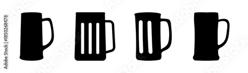 Silhouette illustration of four beer steins with handles in a row on a white background