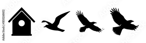 Silhouette of a birdhouse and three birds in flight against a white background image view