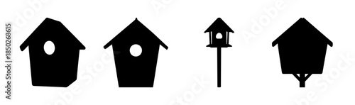 Silhouette illustration of four birdhouses with varying designs and mounting styles in black