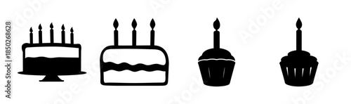 Silhouette illustration of several cakes and cupcakes with candles on a white background