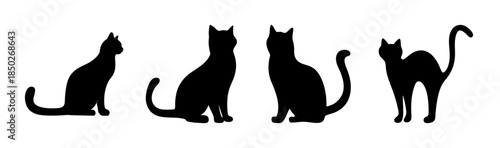 Silhouette illustration of four cats in various poses against a white background art image