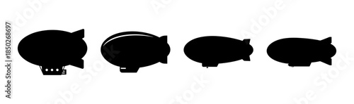 A set of four black silhouette illustrations of airships with varying shapes and sizes shown side by side