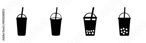 Four black and white illustrations of cylindrical containers with straws and varying designs