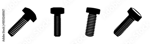 Four black and white screws with different heads and thread patterns in a row isolated