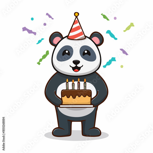 A cartoon panda bear celebrating a birthday with a cake and confetti