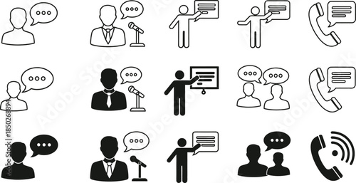Collection of icons representing communication, presentation, and business meetings with speech bubbles, microphones, and phone symbols