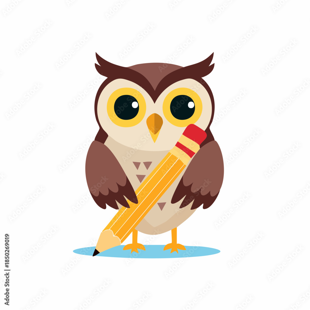 Fototapeta premium A charming and smart cartoon owl with wide expressive eyes, holding a big yellow pencil, symbolizing learning, wisdom, and creativity in a cute flat vector illustration style for educational concepts