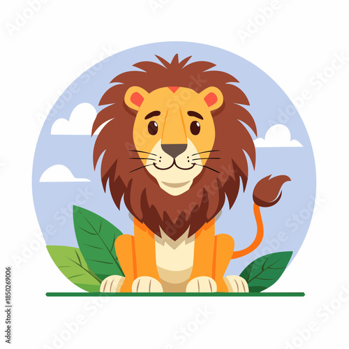Cute cartoon lion sitting with a friendly smile and fluffy mane, surrounded by green leaves and a cloudy blue sky, perfect for children's illustrations and wildlife themes