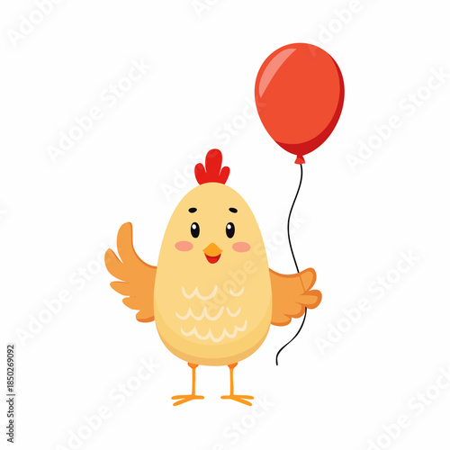 Cute cartoon chick holding a red balloon, waving happily, isolated on white background, celebrating a special occasion