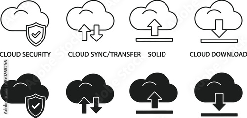 A collection of modern vector icons illustrating core cloud computing functions data security, file synchronization, content upload, and secure digital download features