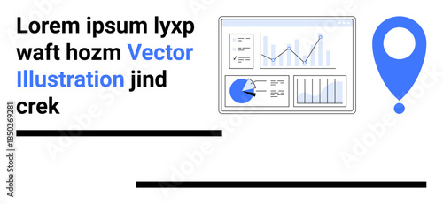 Interactive analytics dashboard with charts, graphs, and diagrams next to a location marker. Ideal for data analysis, business strategy, performance tracking, navigation, visualization tools