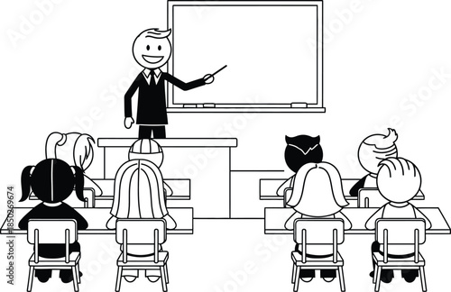 A teacher standing on desk giving a lesson to students