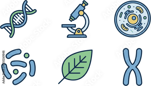 Biology and science icon sheet with DNA helix, microscope, cell model, and plant leaf icon set