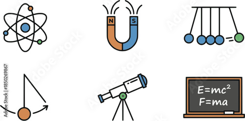 Science and physics icon sheet with magnet, atom model, Newton's cradle, telescope, and chalkboard physics formulas icon set