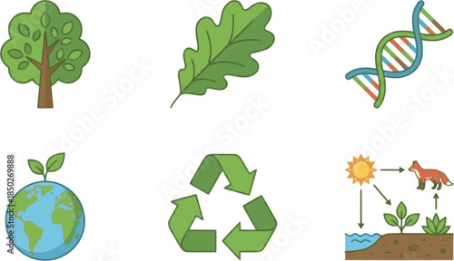 Environmental and biology icon sheet featuring oak leaf, recycling symbol, tree, DNA helix, and ecosystem diagram icon set