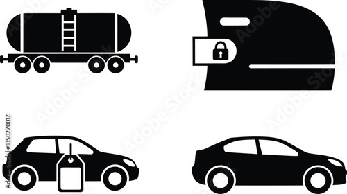 Collection of automotive and logistics icons featuring sedan car silhouette railway oil tanker cistern wagon car sale tag and locked car door security concept.
