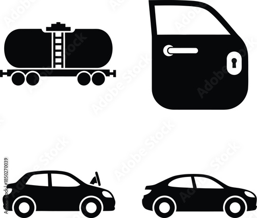 Set of car and transportation icons including sedan car silhouette vehicle parts car door and railway oil tanker cistern wagon isolated on white background.