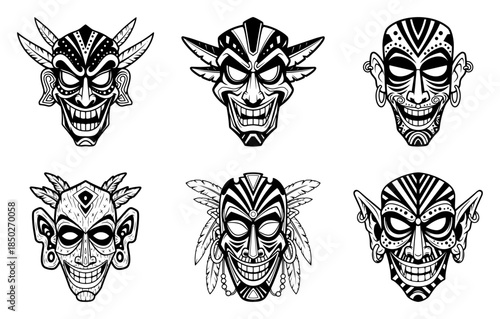 Set of scary tribal tiki masks with traditional ethnic patterns