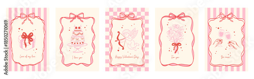 Hand drawn vintage cards for Valentine's Day with whimsical lines, bows. Holiday borders for poster, card, invitation an isolated background. Vector elegant minimalist line art.