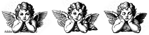 Three cute vintage cherub angels with wings in engraving style