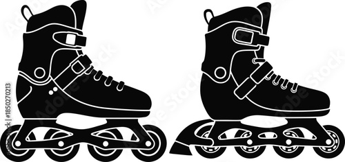 Black inline skates silhouette set for extreme sports fitness and recreational activity with adjustable straps and four wheels vector illustration isolated on white.