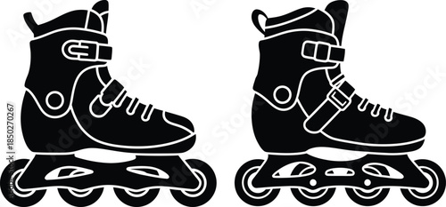 Black inline skates silhouette set for extreme sports fitness and recreational activity with adjustable straps and four wheels vector illustration isolated on white.