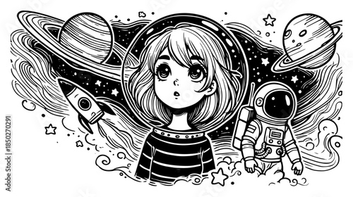 Hand drawn illustration of cute girl astronaut in space with planets and rocket