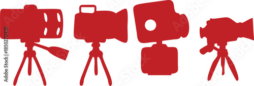 Collection of Red Silhouette Icons of Different Cameras on Tripods video camera film camera