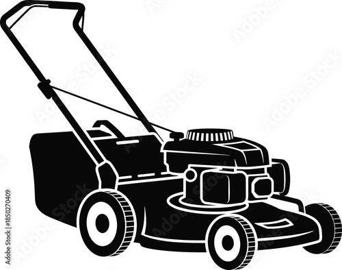 Black lawn mower silhouette with engine and grass catcher bag for professional gardening yard maintenance and landscaping equipment vector illustration isolated.