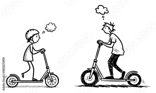 People riding electric kick scooters with thinking bubbles in sketch style
