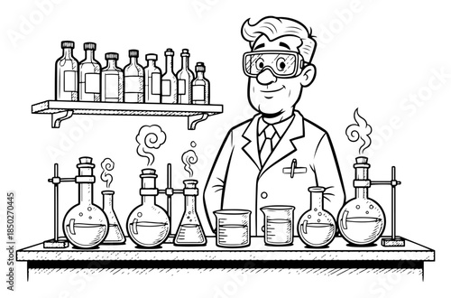 Cartoon scientist conducting chemical experiments in laboratory with glassware