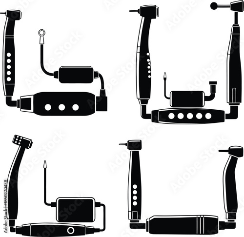 Dental handpiece silhouettes set with high speed turbine and low speed motor tools for professional dentistry clinic oral health care and surgery vector illustration.