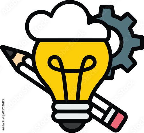Bright Creative Idea and Brain Symbolism in Lightbulb with Pencil, Cloud, and Gear Icons Innovation Concept