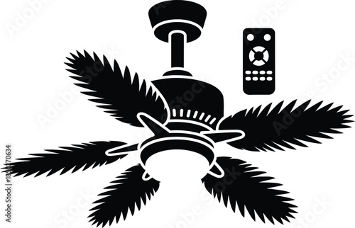 Tropical ceiling fan icon with feathered palm leaf blades and a remote control unit isolated on white background for interior cooling and home appliance design.