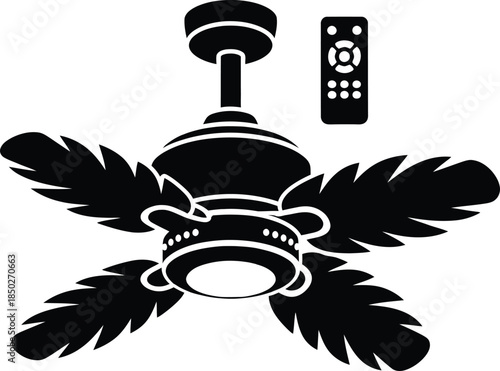 Modern tropical ceiling fan with palm leaf blades and remote control icon isolated on white background for interior cooling home appliance and smart ventilation design.