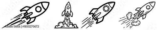 set of hand drawn rocket ship doodles launching into space