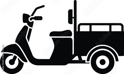 Electric cargo delivery scooter icon with side mirrors large rear storage bed and three wheels for urban logistics and eco friendly freight transportation vector.